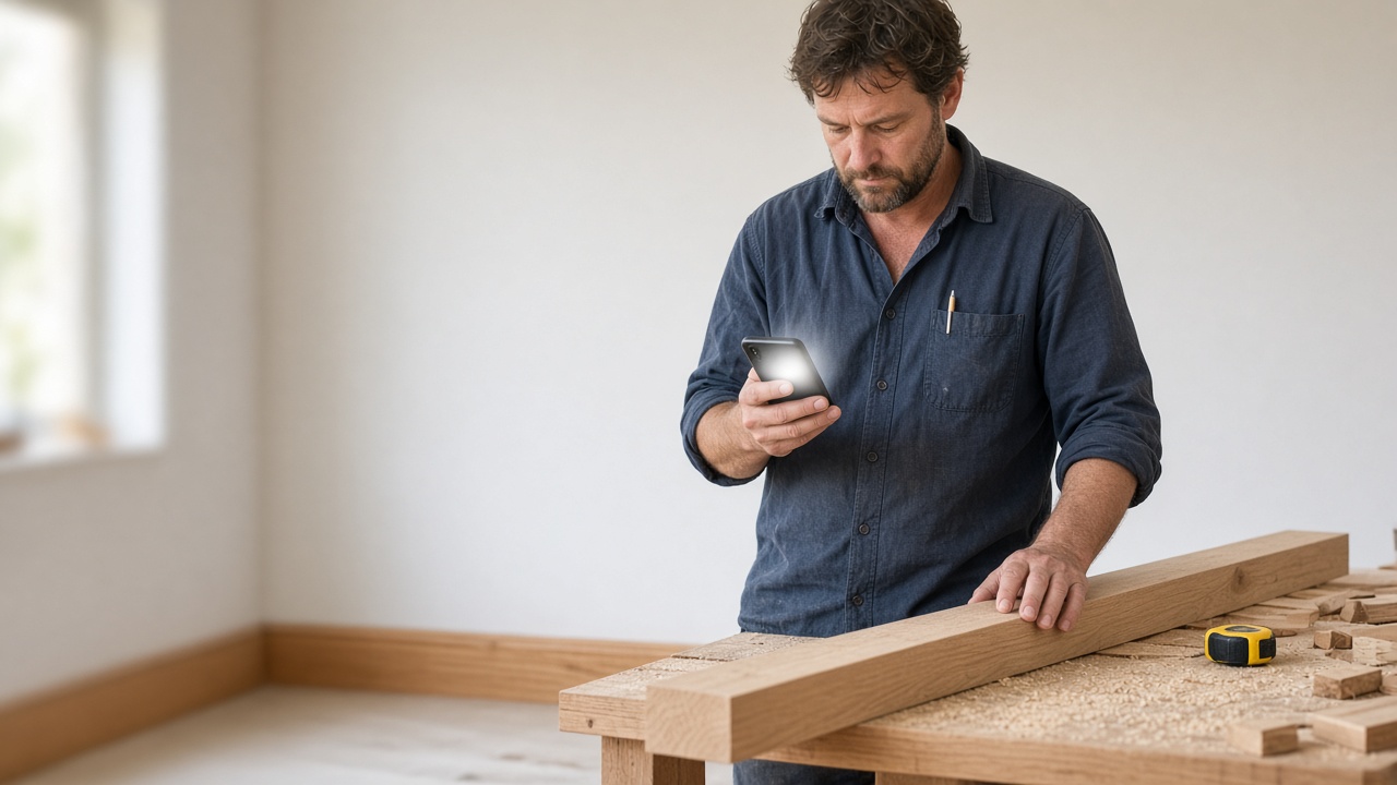 A carpenter on a fit-out checks the job on his phone, one hand resting on a length of timber.